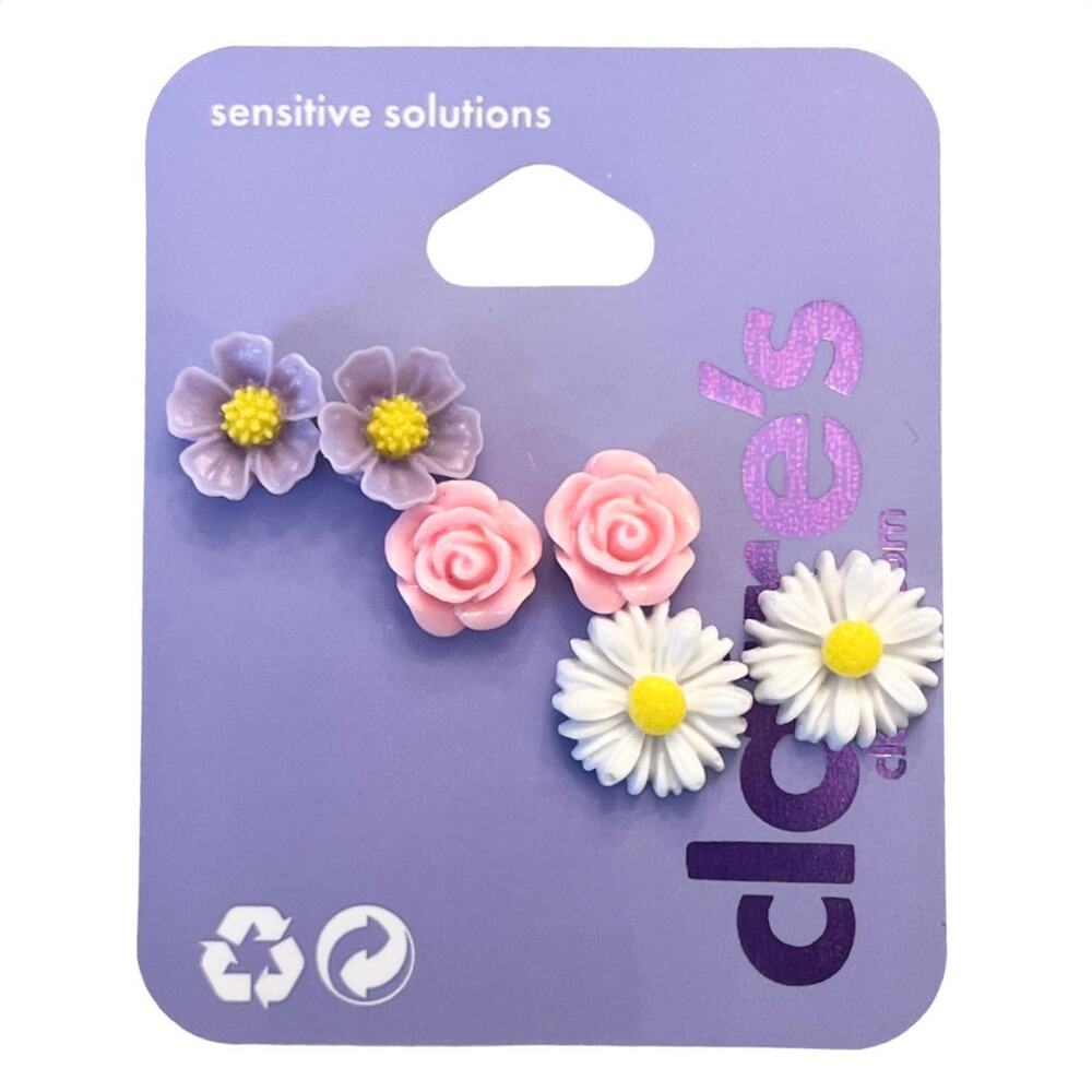 Claire’s Stud Earrings Pastel Carved Flower Daisy Rose Purple Pink Jewelry New